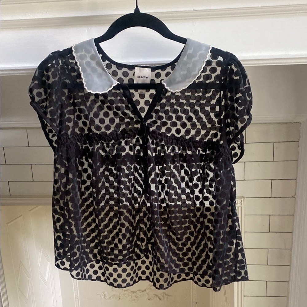 Sheer Black Polka Dot Top with White Collar - Picture 2 of 4